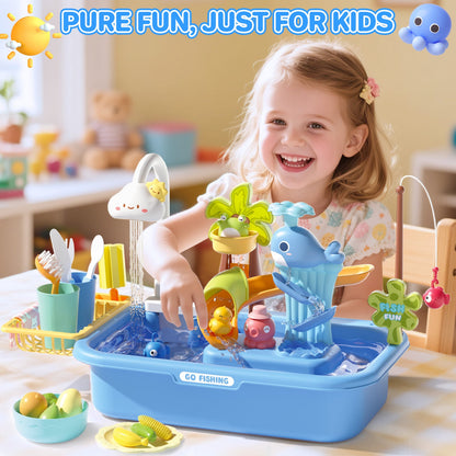 Pretend Play Kitchen Sink with Real Running Water -4-in-1 Water Play Table, Floating Pool, Fishing & Duck Slide Game - Interactive Washing Up Toy for Toddlers & Kids (Blue