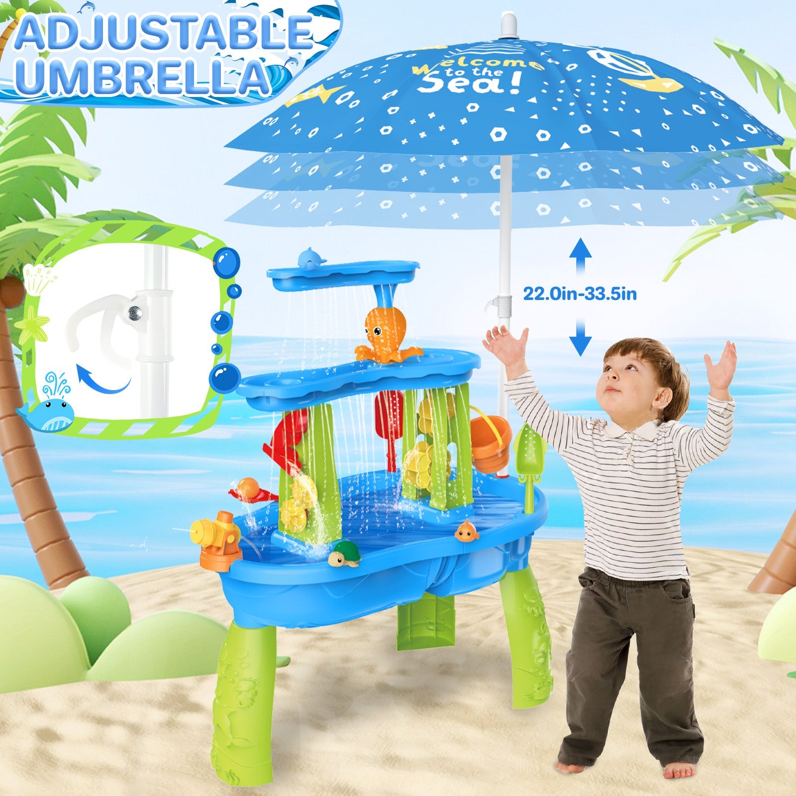 3-Tier Sand and Water Table with Umbrella & Beach Toys  Outdoor Sand Water Play Table for Kids Summer Backyard Toy with Water Wheel, Buckets, and Accessories, Ideal for Boys & Girls