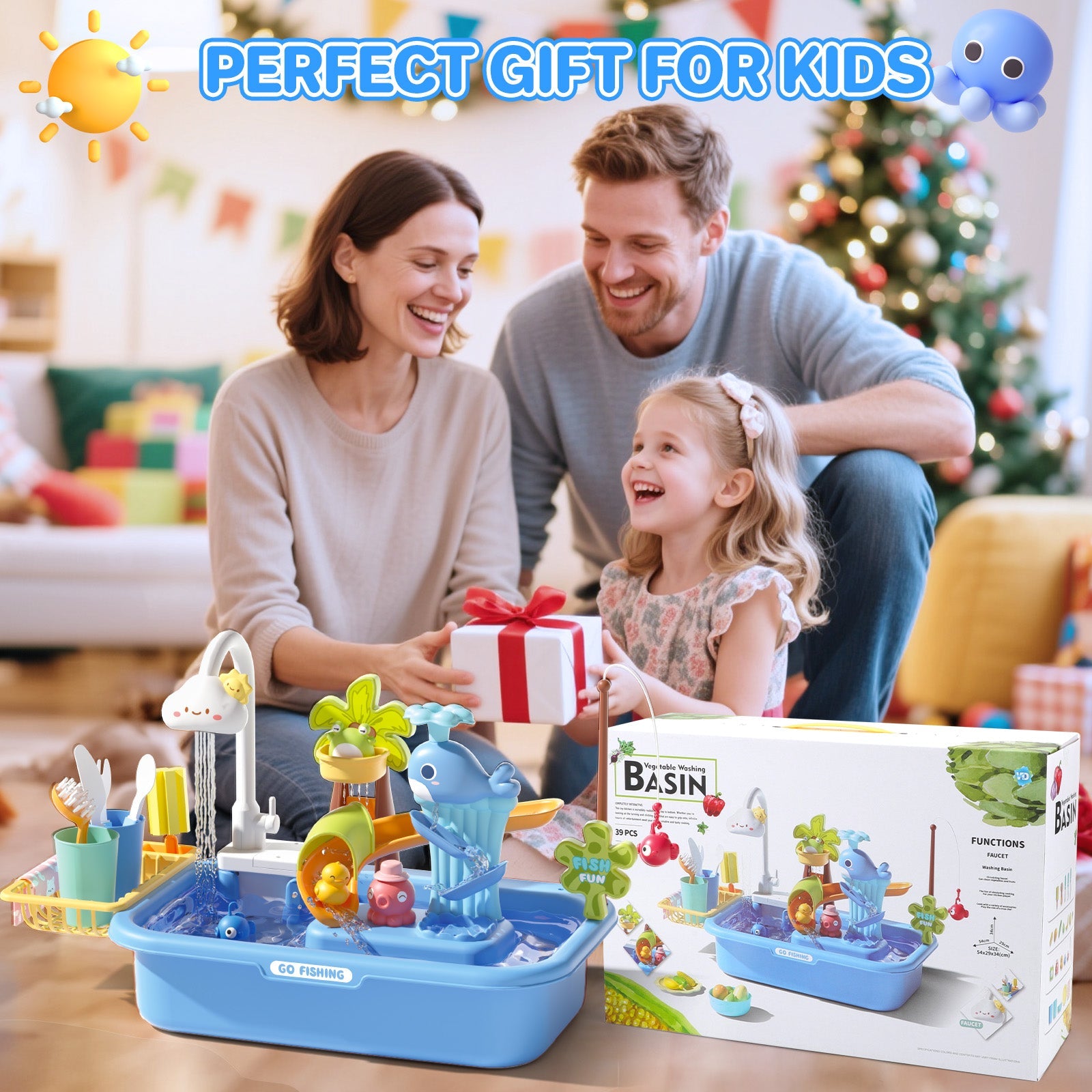 Pretend Play Kitchen Sink with Real Running Water -4-in-1 Water Play Table, Floating Pool, Fishing & Duck Slide Game - Interactive Washing Up Toy for Toddlers & Kids (Blue