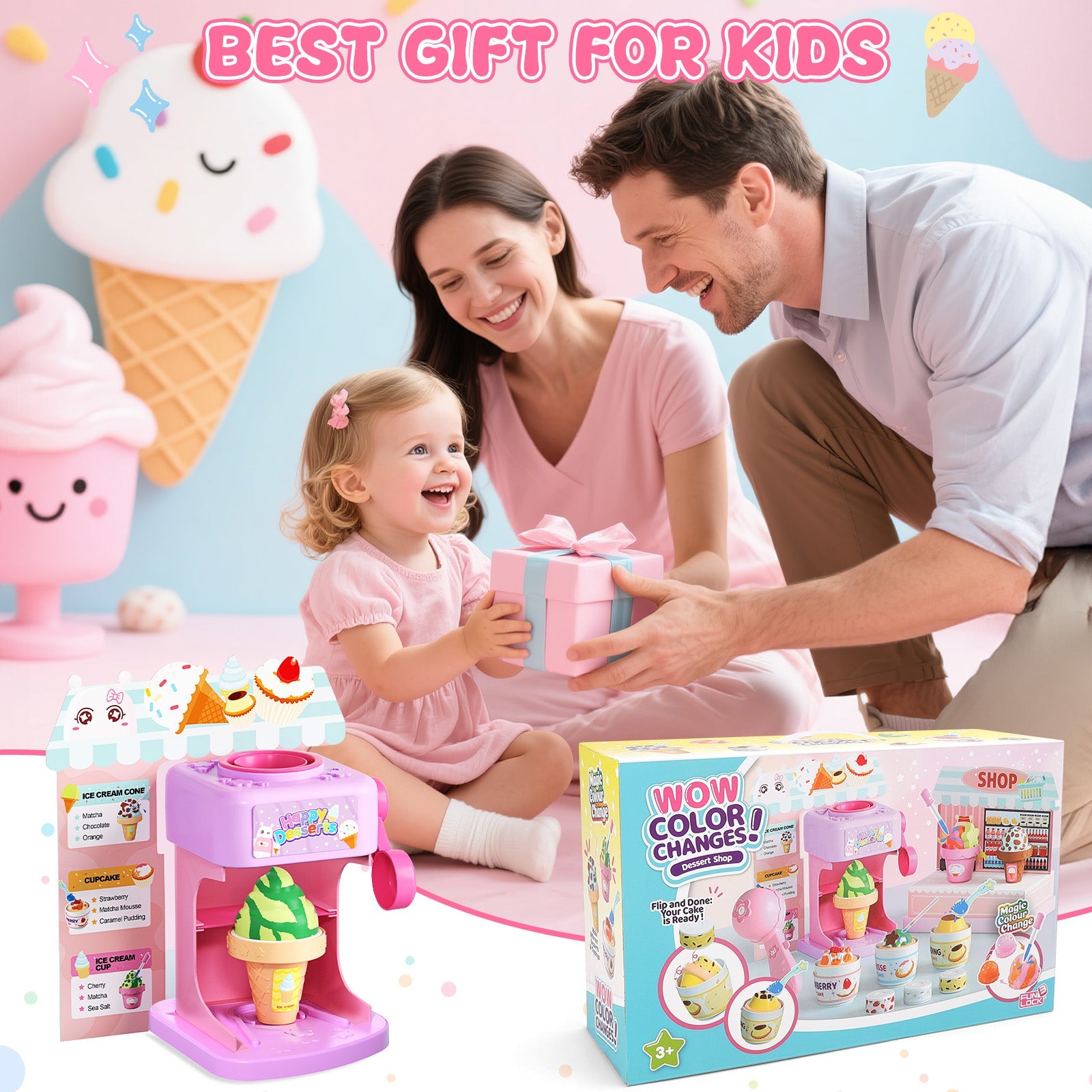 2-in-1 Color Changing Dessert Maker Playset -Ice Cream & Cake Toy with Ice Water Colour Change, Pretend Play Kitchen Toys for Kids,Birthday Gifts for Girls & Boys