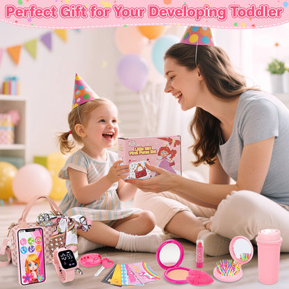 Kids Pretend Play Purse Set with Accessories – Girls Role Play Handbag Toy with Play Smartphone, Wallet, Fake Cash, Cards, Watch, Makeup, Hairbrush & Travel Cup – Educational Princess Dress Up Gifts for Girls Ages 3+