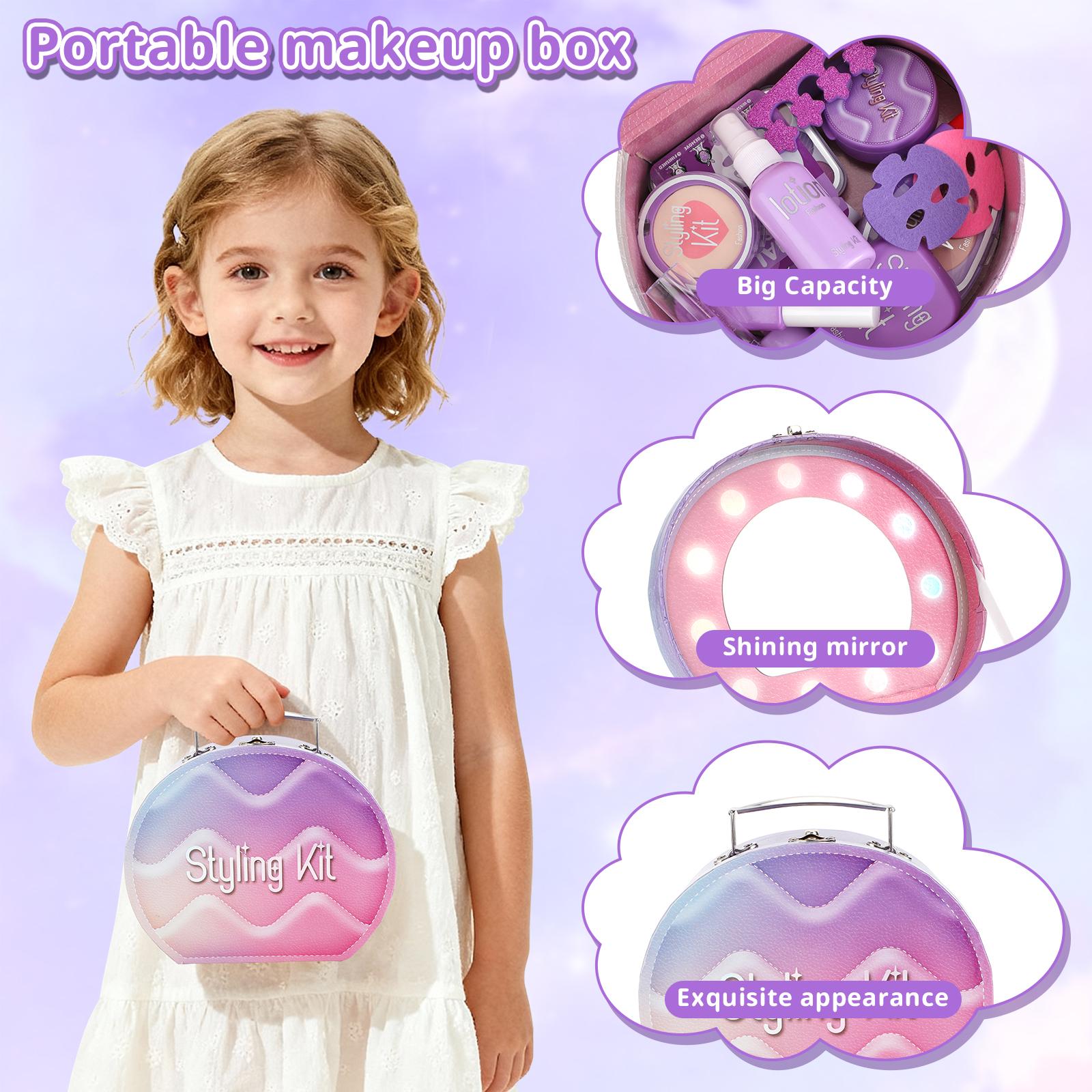 Girls Pretend Makeup Kit with Carry Case My First Kids Makeup Playset for Toddlers Safe Mess-Free Fake Makeup Complete Playset for Imagination Role Play Early Learning Perfect Gift for Girls 3+