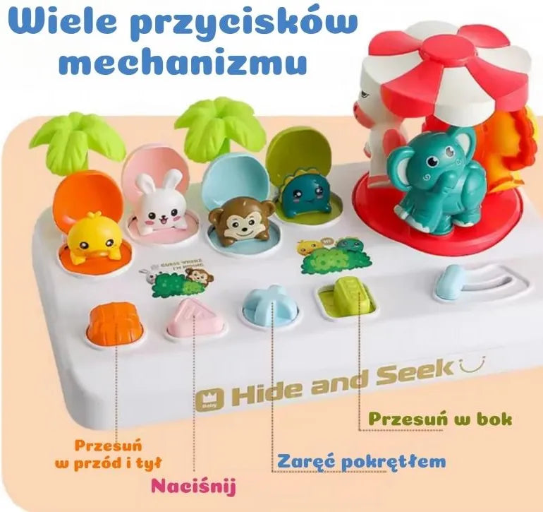 Fidtoy Pop Up Hide and Seek Animal Puzzle for Kids Interactive Animal Carousel Toy with Shape Buttons Fine Motor Play Ages 3+