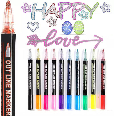 Colorful Outline Gel Markers Non Toxic - 12 Pieces