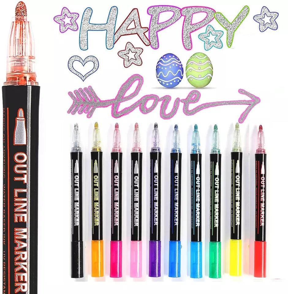 Colorful Outline Gel Markers Non Toxic - 12 Pieces