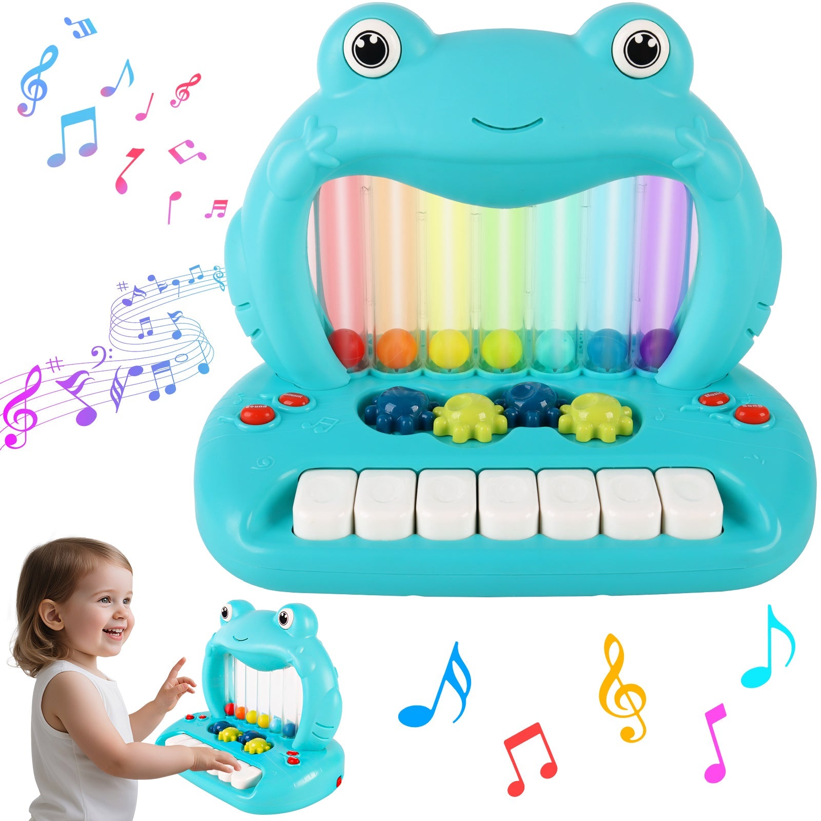 Blowing Ball Frog Piano Toy for Toddlers, Educational Musical Keyboard with Lights & Sounds, Early Learning Development Toy with Color Balls and Piano Keys for Boys & Girls Ages 18+ Months
