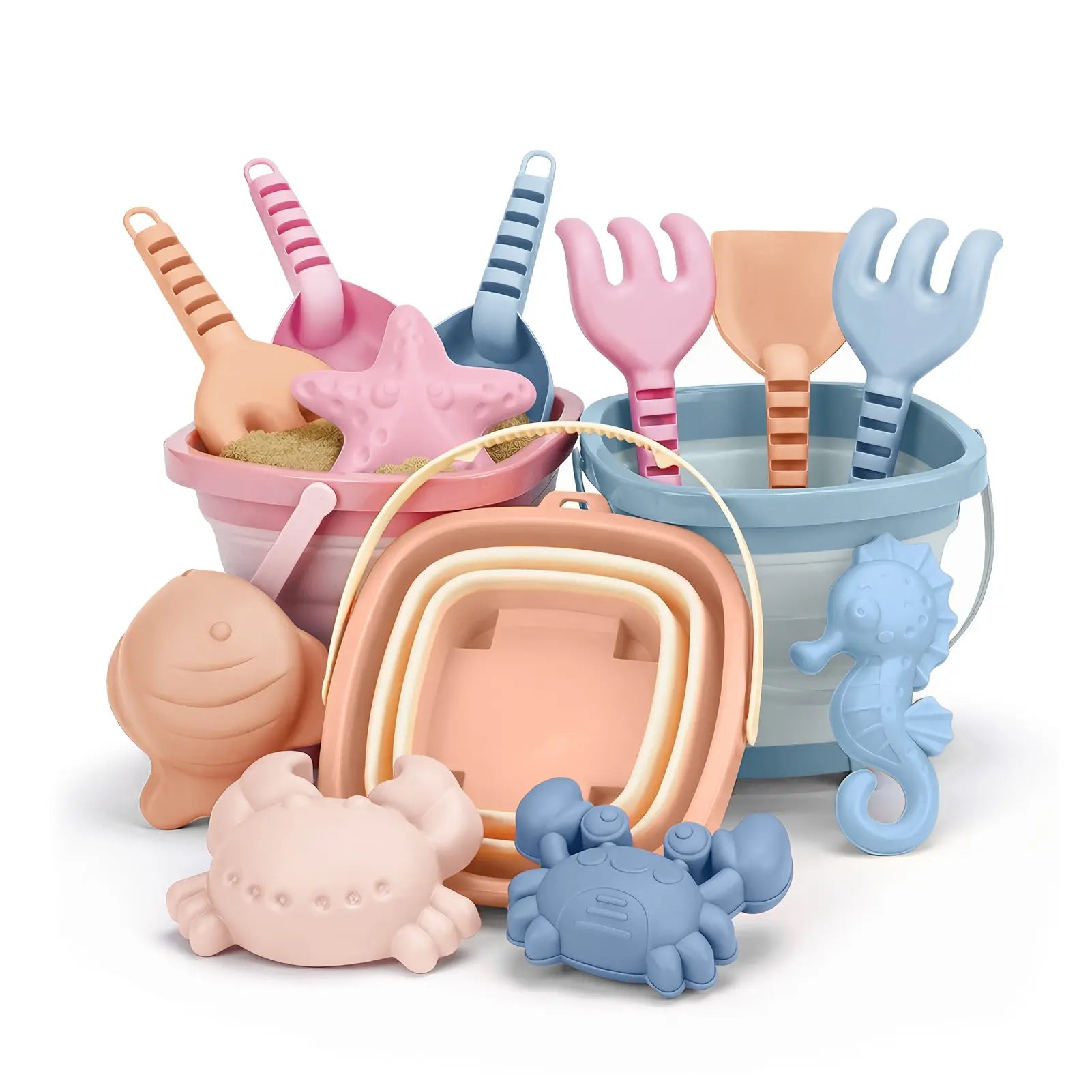 Kit de jeu de sable portable avec seaux pliables et sac de rangement en filet