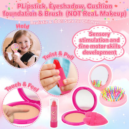 Kids Pretend Play Purse Set with Accessories – Girls Role Play Handbag Toy with Play Smartphone, Wallet, Fake Cash, Cards, Watch, Makeup, Hairbrush & Travel Cup – Educational Princess Dress Up Gifts for Girls Ages 3+