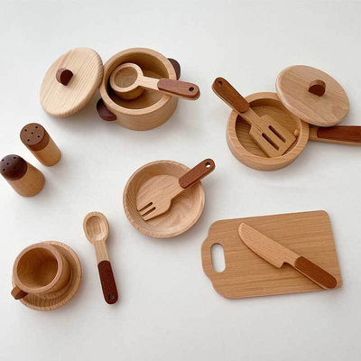 Fidtoy Accessoires de cuisine en bois – Ensemble de cuisine de 15 pièces pour les tout-petits