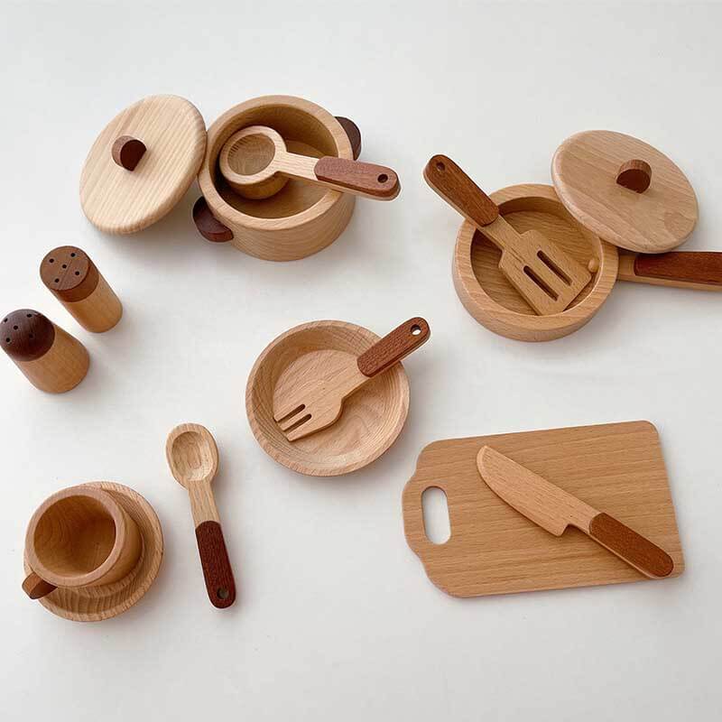 Fidtoy Accessoires de cuisine en bois – Ensemble de cuisine de 15 pièces pour les tout-petits