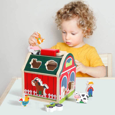 Fidtoy Wooden Farm Sorting Barn Toy for Toddlers Montessori Play