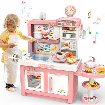 Juego de cocina de juguete de simulación para niños con luz y sonido, con placa de inducción, fregadero electrónico, cafetera, microondas y juguete de cocina para niños.
