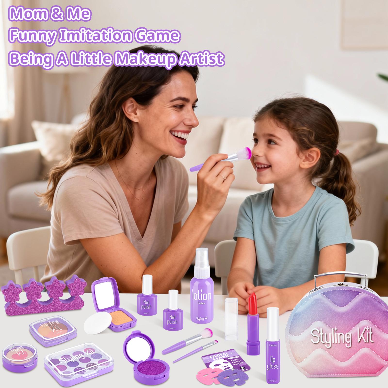 Girls Pretend Makeup Kit with Carry Case My First Kids Makeup Playset for Toddlers Safe Mess-Free Fake Makeup Complete Playset for Imagination Role Play Early Learning Perfect Gift for Girls 3+