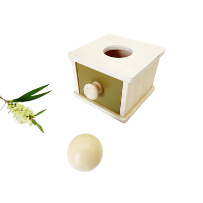 Caja Montessori de permanencia de objetos con cajón y pelota / con monedas y cajón