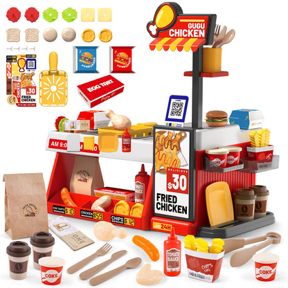 Mini Kitchen Playset Fried Chicken Shop Toy with Color-Changing Food, Burgers, Fries,Cash Register | Pretend Cooking Role Play Set for Kids