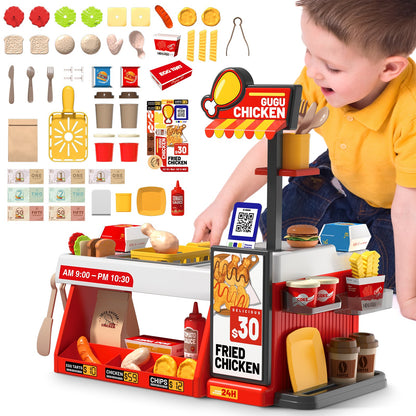 Mini Kitchen Playset Fried Chicken Shop Toy with Color-Changing Food, Burgers, Fries,Cash Register | Pretend Cooking Role Play Set for Kids