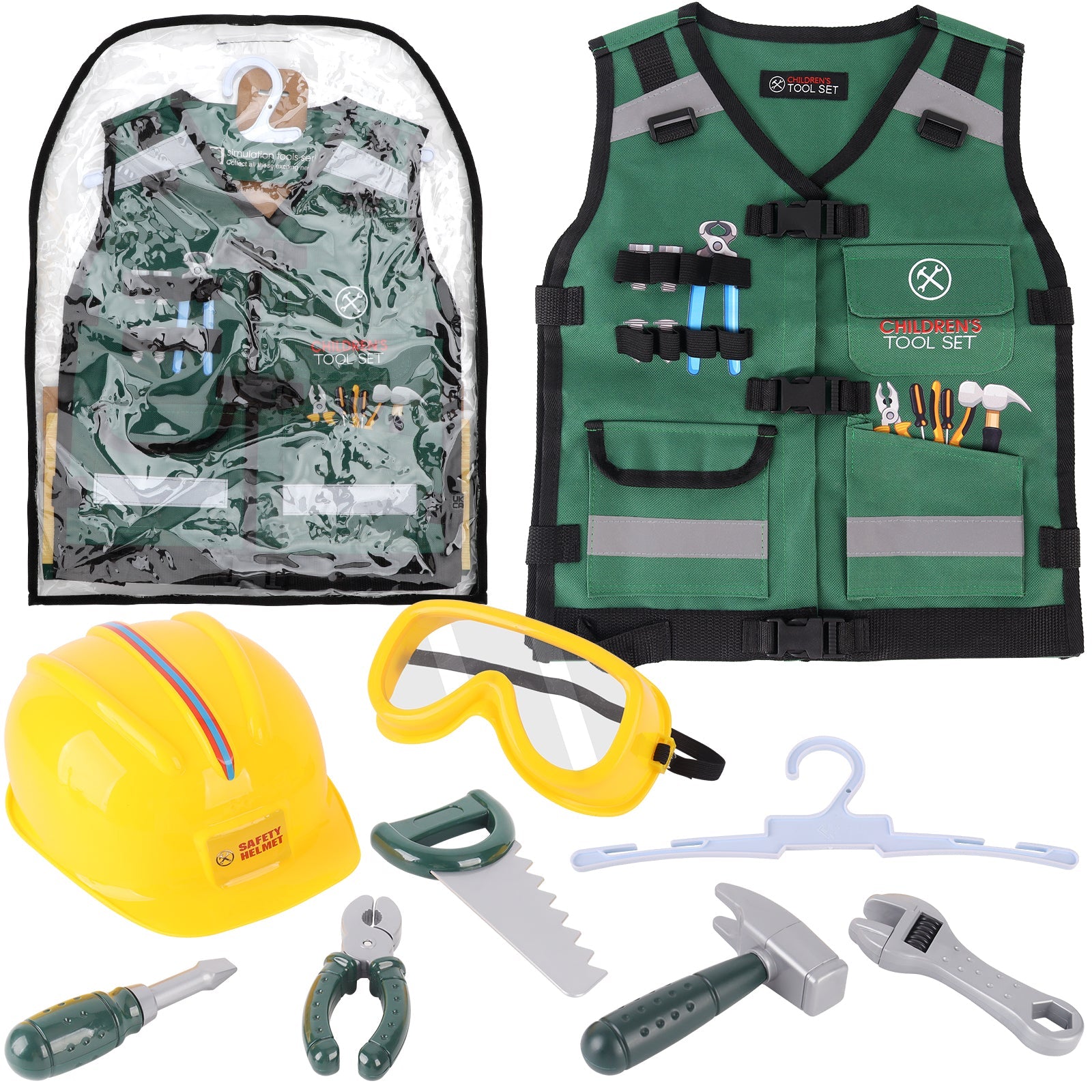Role Play Clothes Set Construction Role Play Costume Realistic Builder Vest, Safety Helmet, Toy Tools & Accessories- STEM Pretend Play Kit for Boys and Girls Ages 3+ - Dress-Up Gift