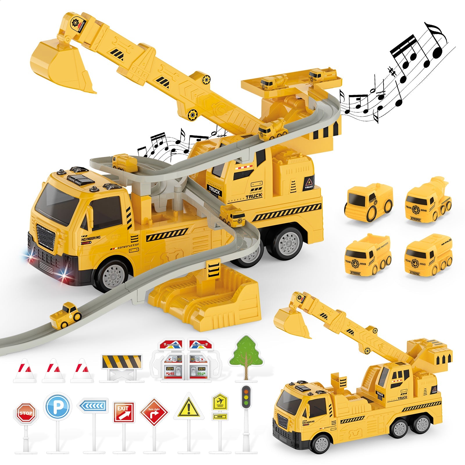 Race Track Crane Toy Vehicle Toy with Lights and Sounds Interactive Construction Vehicle & Racing Rrack Truck Toy for Kids 3+ Role Play and Educational Toys