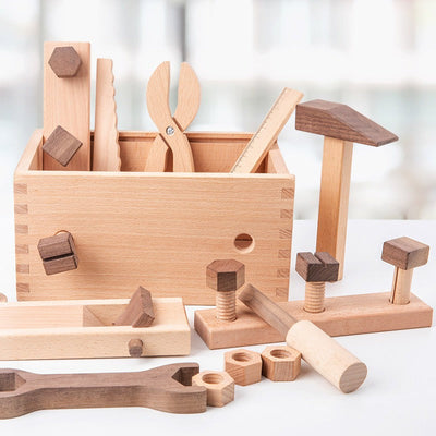 Ensemble d'outils en bois Montessori pour enfants – Kit de construction de jeu d'imitation avec boîte de rangement