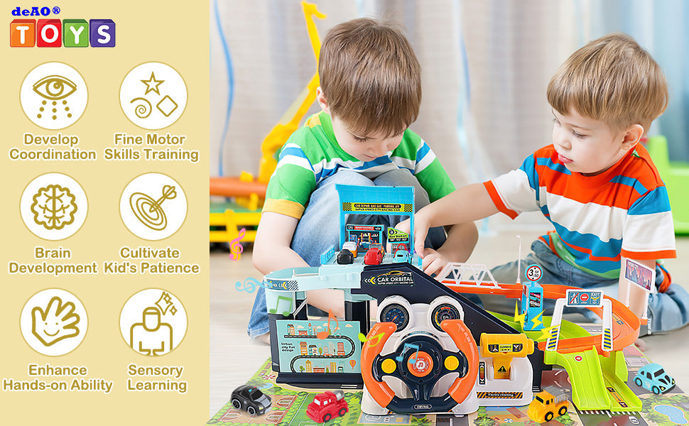 Car Garage Tracks Simulation Steering Wheel Toy Set Vehicle Playsets with Musical Puzzle Car Tracks Gifts for Child