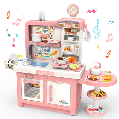 Juego de cocina de juguete de simulación para niños con luz y sonido, con placa de inducción, fregadero electrónico, cafetera, microondas y juguete de cocina para niños.