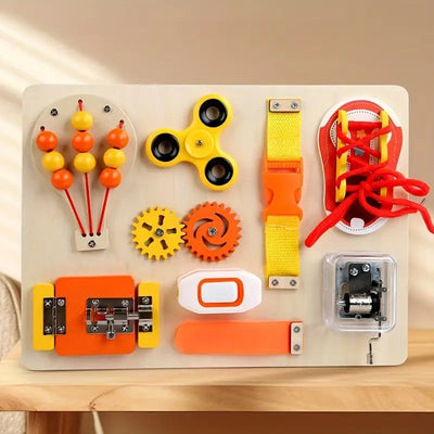 Tableau d'activités sensoriel en bois « Montgolfière » à 9 fonctions