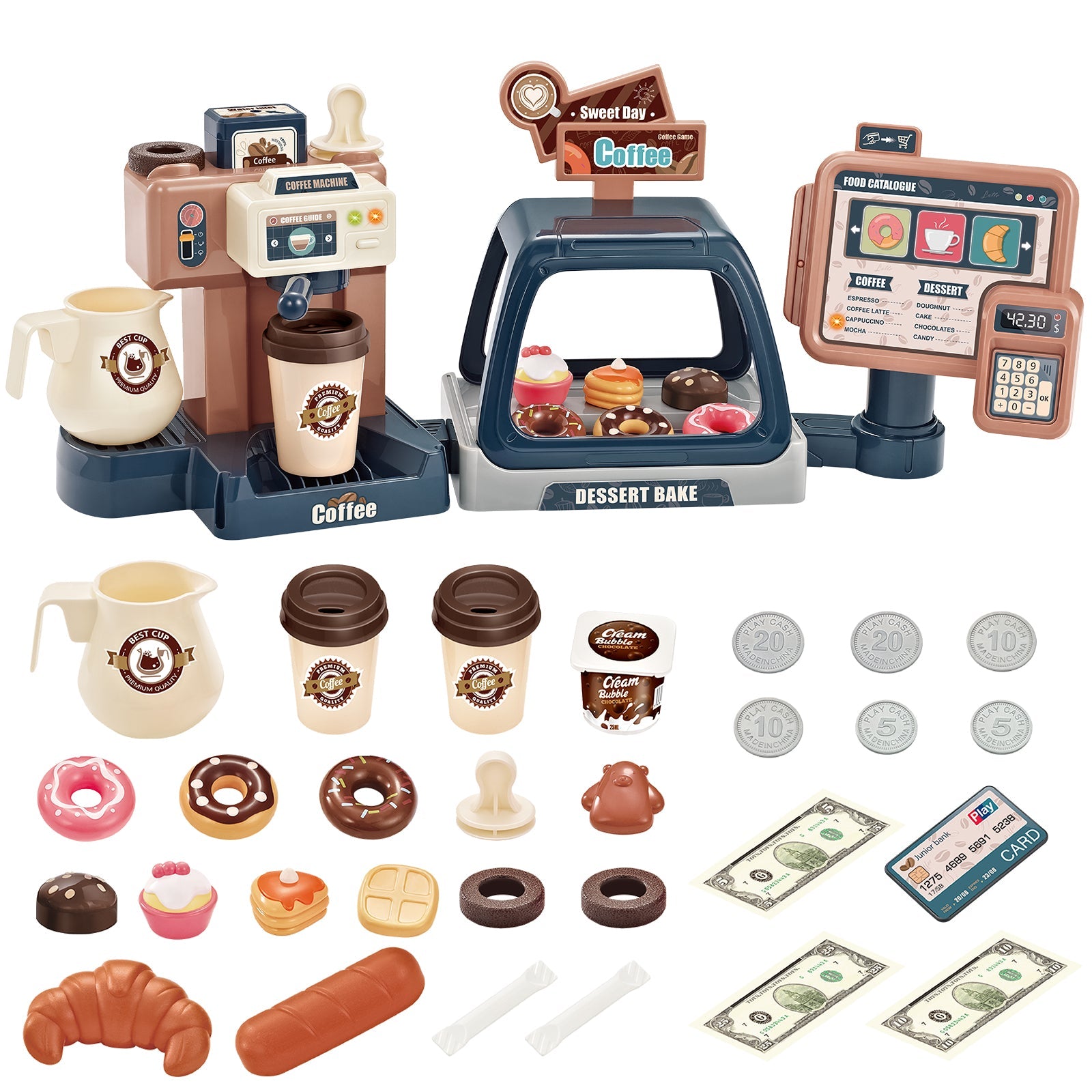 Pretend Kitchen Play Store Coffee Playset Toddlers Coffee Maker Play Set Dessert Shopping with Coffee Machine Cash Registers Toy Kids Age 3+
