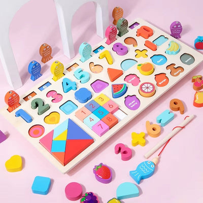Wooden Multifunctional logarithmic Busy Board With Tangram Puzzle - 419