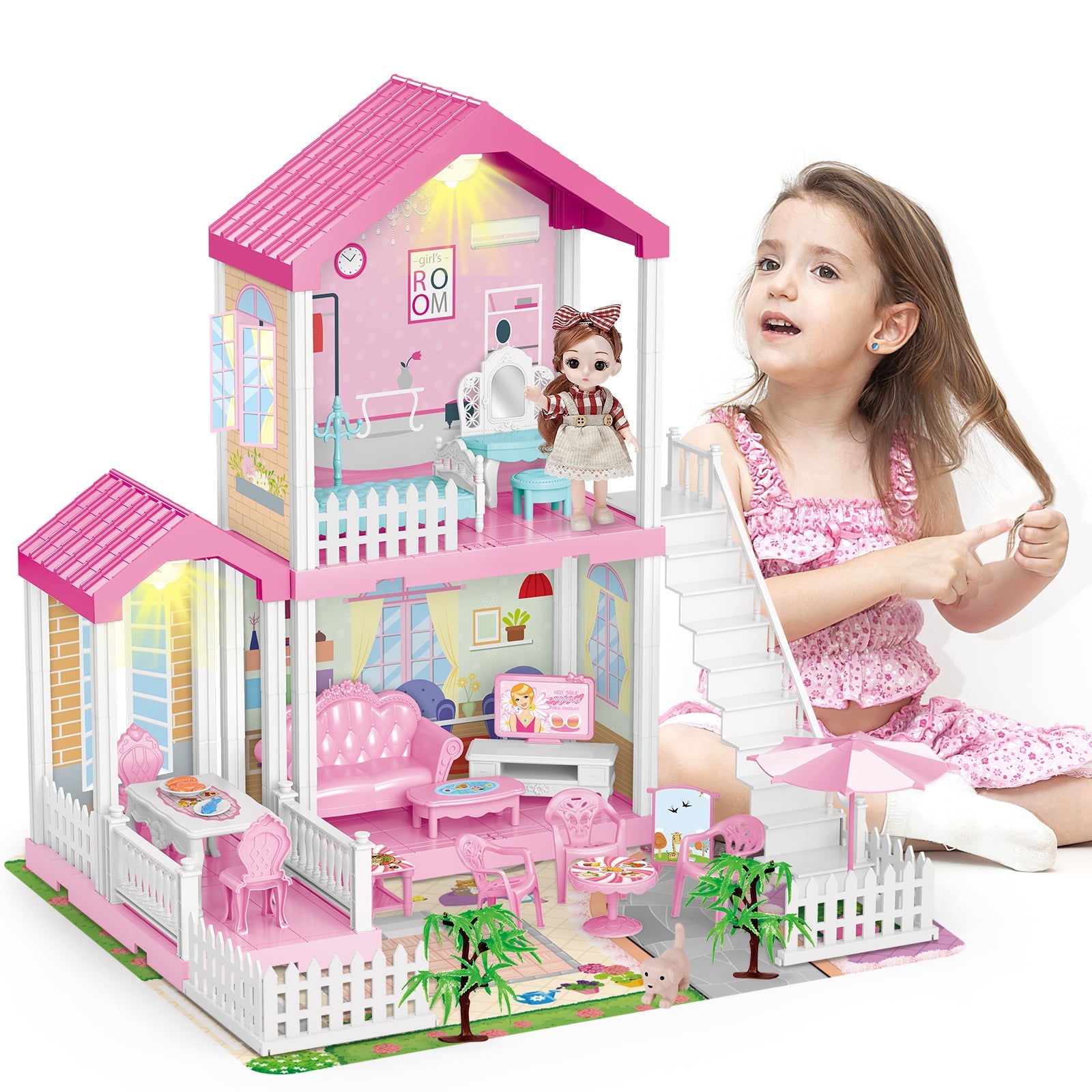 Dollhouse Dream house with Lights Mat Doll House Furnitures 2 Story 3 Rooms DIY Building Pretend Play House Gift for 3+