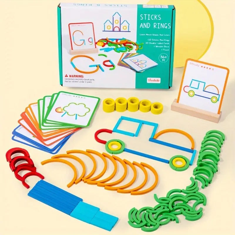 Wooden Sticks and Rings Pattern Matching Puzzle Cards - D41