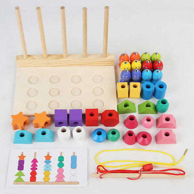 Jeu de laçage et de pêche avec cinq ensembles de colonnes de formes en bois - 003