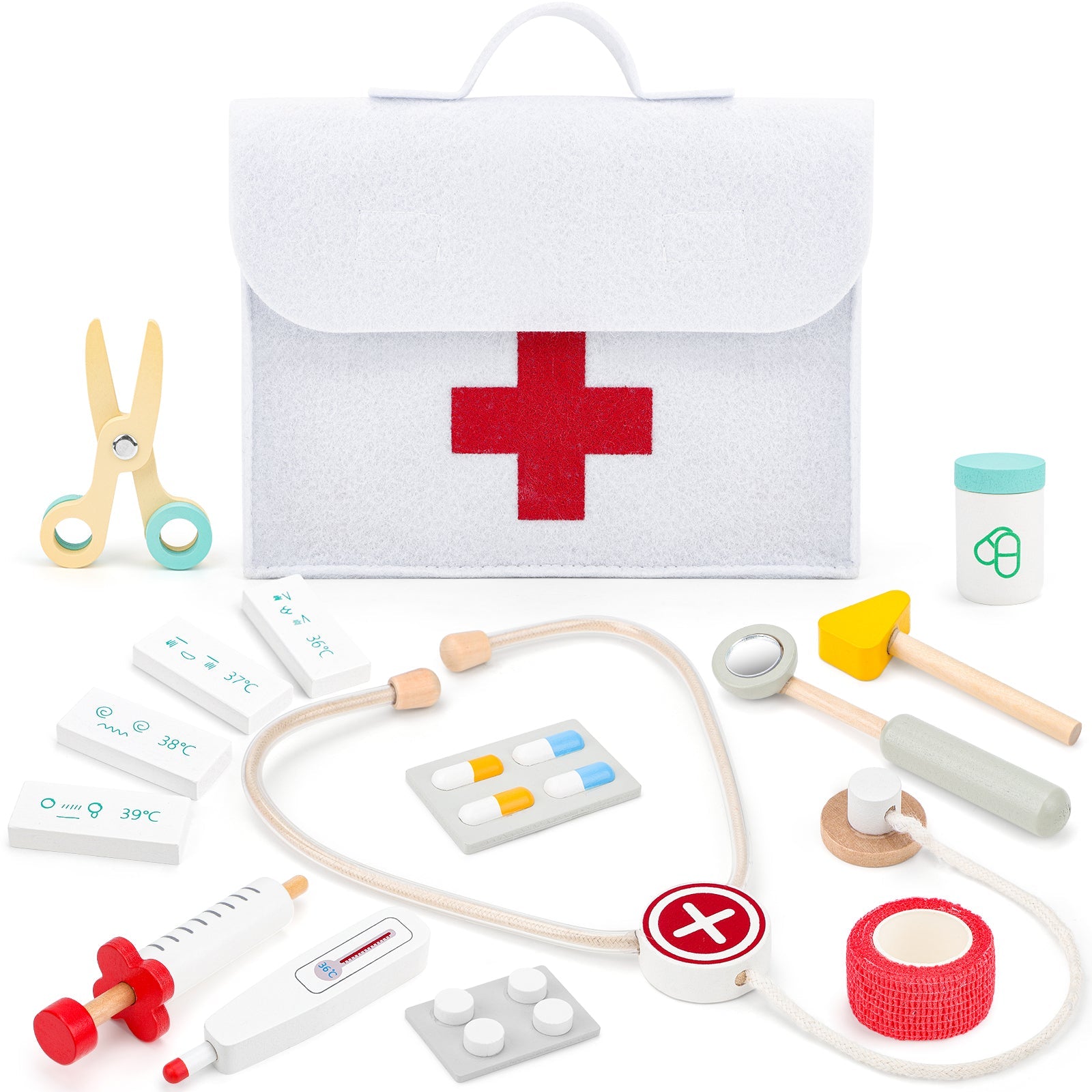 Wooden Medical Felt Carry Doctor Bag Playset Soctor Educational Role Play Toys for Kids 3+ with stethoscope, reflex hammer, medical bag, thermometer, medicine bottle, and tablets