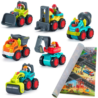 Juego de 6 vehículos de construcción Fidtoy con alfombrilla de juego para niños