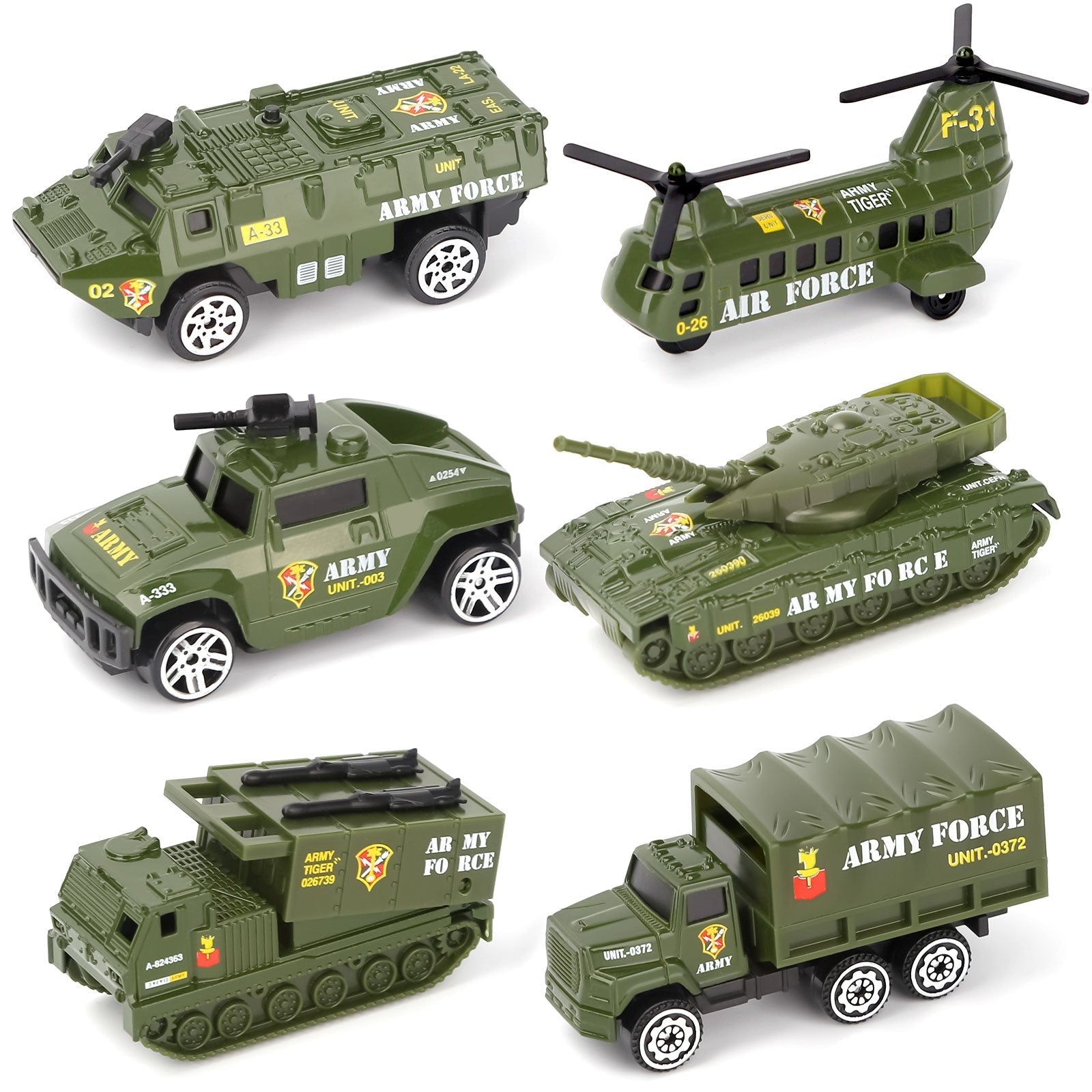 Lot de 6 Véhicules Militaires Moulés sous Pression – Comprenant des Mini Chars, des Camions Militaires et des Modèles d'Hélicoptères pour Enfants