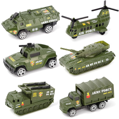 6PCS Diecast Military Vehicles Toy Set – Featuring Mini Tanks, Army Trucks and Helicopter Models for Kids