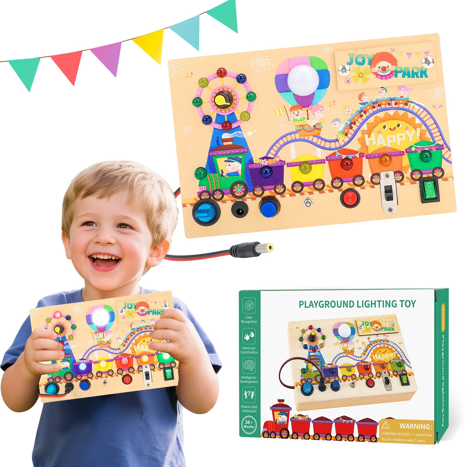 Montessori Wooden Busy Board -Light-Up Sensory Activity Toy for Toddlers, Fine Motor Skills Learning Toy for Ages 1-4, Travel-Friendly Fidget Board for Boys & Girls