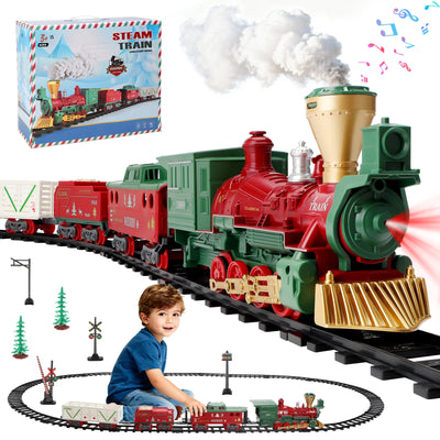 Juego de tren eléctrico de vapor con humo real, luces y sonidos. Clásico juguete de vías de tren para niños. Regalo de tren de Navidad para niños y niñas de 3+ años.