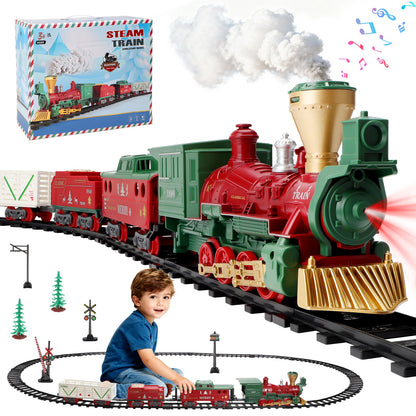 Electric Steam Train Set with Real Smoke, Lights and Sounds Classic Railway Track Toy for Kids Christmas Train Set Gift for Boys & Girls Age 3+