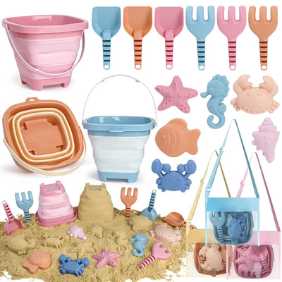 Kit de jeu de sable portable avec seaux pliables et sac de rangement en filet