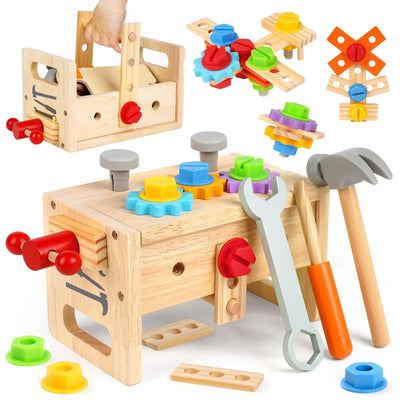 Fidtoy Ensemble d'Outils en Bois pour Enfants, 30 Pièces, Jouet de Construction Imitation pour Tout-Petits