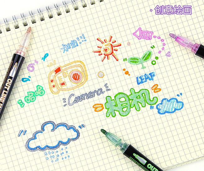 Colorful Outline Gel Markers Non Toxic - 12 Pieces