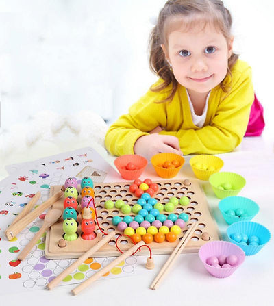 Jeu de pêche magnétique en bois 3 en 1 avec support de perles colorées