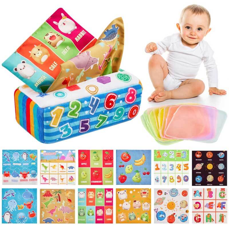 Fidtoy Baby Sensory Tissue Box Toy – Montessori Crinkle Papers, Colorful Scarves & Hand Rattle for Infants 6–12 Months