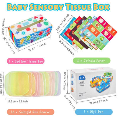 Fidtoy Baby Sensory Tissue Box Toy – Montessori Crinkle Papers, Colorful Scarves & Hand Rattle for Infants 6–12 Months