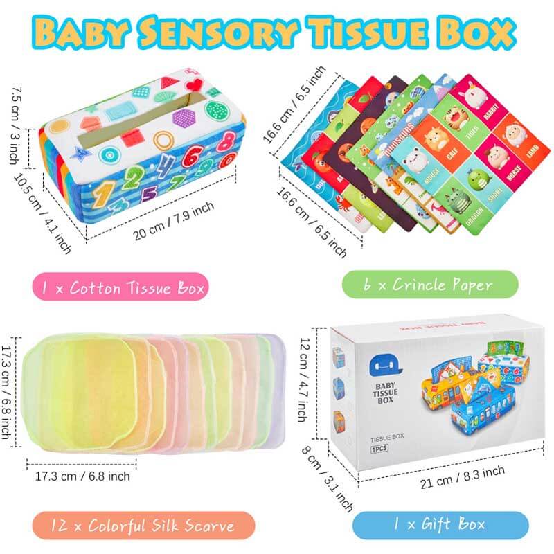 Fidtoy Baby Sensory Tissue Box Toy – Montessori Crinkle Papers, Colorful Scarves & Hand Rattle for Infants 6–12 Months