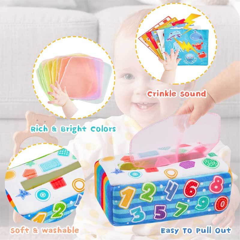 Fidtoy Baby Sensory Tissue Box Toy – Montessori Crinkle Papers, Colorful Scarves & Hand Rattle for Infants 6–12 Months