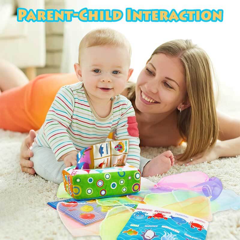 Fidtoy Baby Sensory Tissue Box Toy – Montessori Crinkle Papers, Colorful Scarves & Hand Rattle for Infants 6–12 Months
