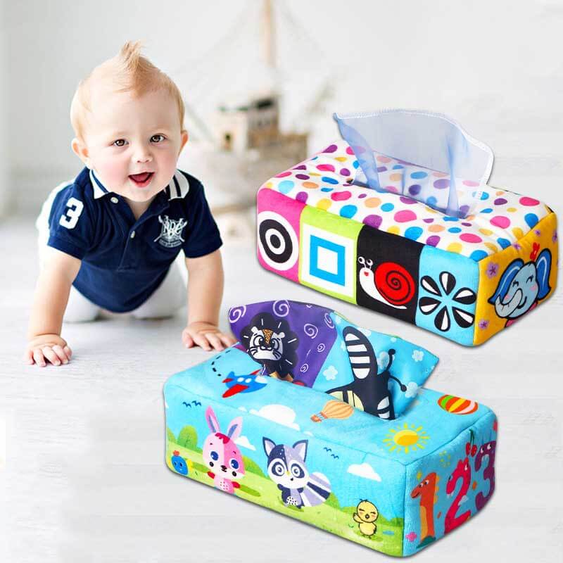 Fidtoy Baby Sensory Tissue Box Toy – Montessori Crinkle Papers, Colorful Scarves & Hand Rattle for Infants 6–12 Months