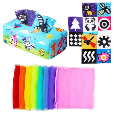 Fidtoy Baby Sensory Tissue Box Toy – Montessori Crinkle Papers, Colorful Scarves & Hand Rattle for Infants 6–12 Months