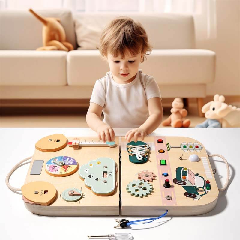 Fidtoy Tableau d'activités Montessori pour tout-petits – Jouet d'apprentissage double face pour la motricité fine, la résolution de problèmes et les jeux de voyage